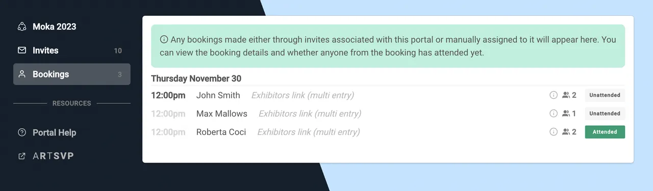 Galleries can see when their guests have booked and attend live